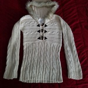 Old Navy Womens Hooded Sweater White Faux Fur Wool